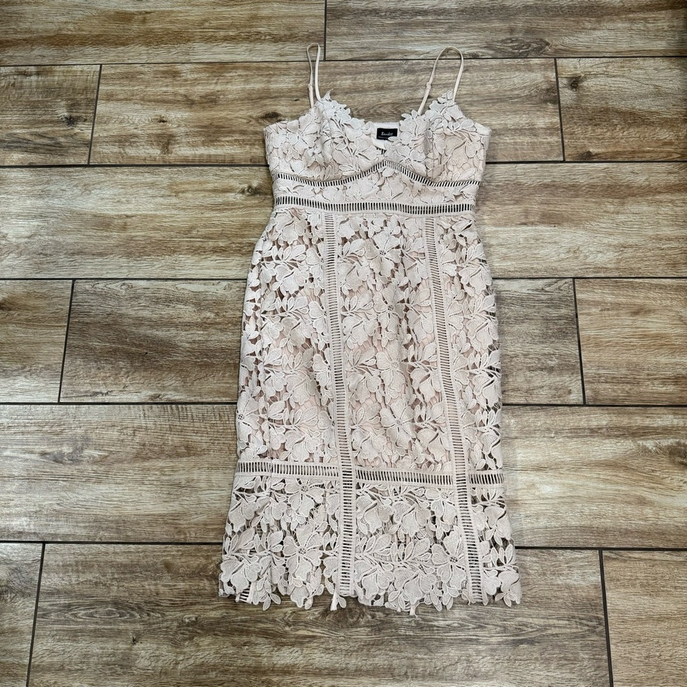 Bardot Botanica Lace Midi Dress Size 8 Nude Beige Floral Overlay Ladder Lace - Picture 4 of 16